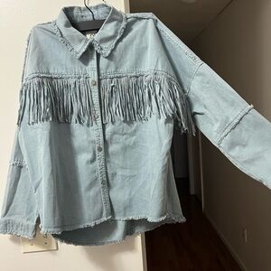 Zara Fringe Denim Jacket in Light Blue